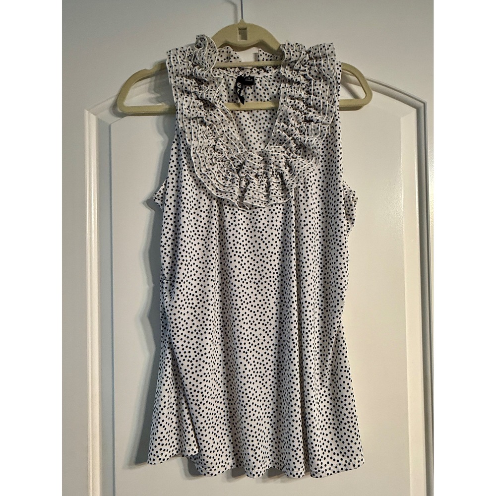 Milano Sleeveless Blouse XL White Black Polka Dot Ruffle Neck Retro Inspired